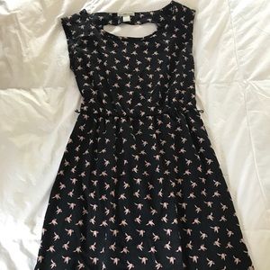navy dress with pink bird print. size XS